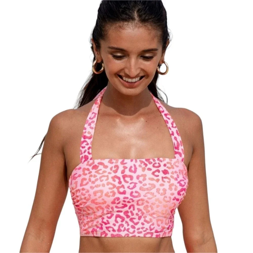 Cupshe NWT Pink Leopard Print Halter Bikini Top MEDIUM